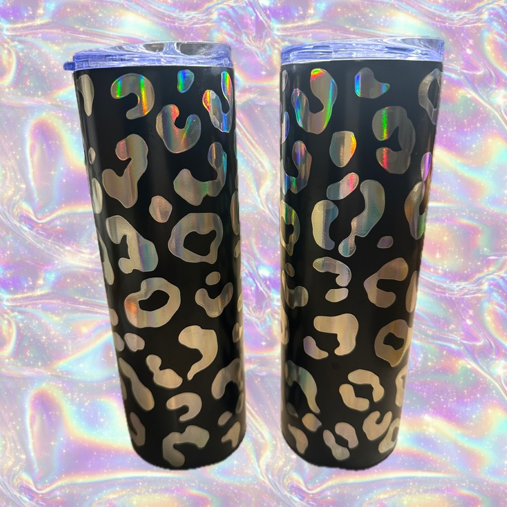 Iridescent Silver Black Leopard Print Tumbler Set NWT Cold or Hot Beverages 22.5 - Picture 4 of 5